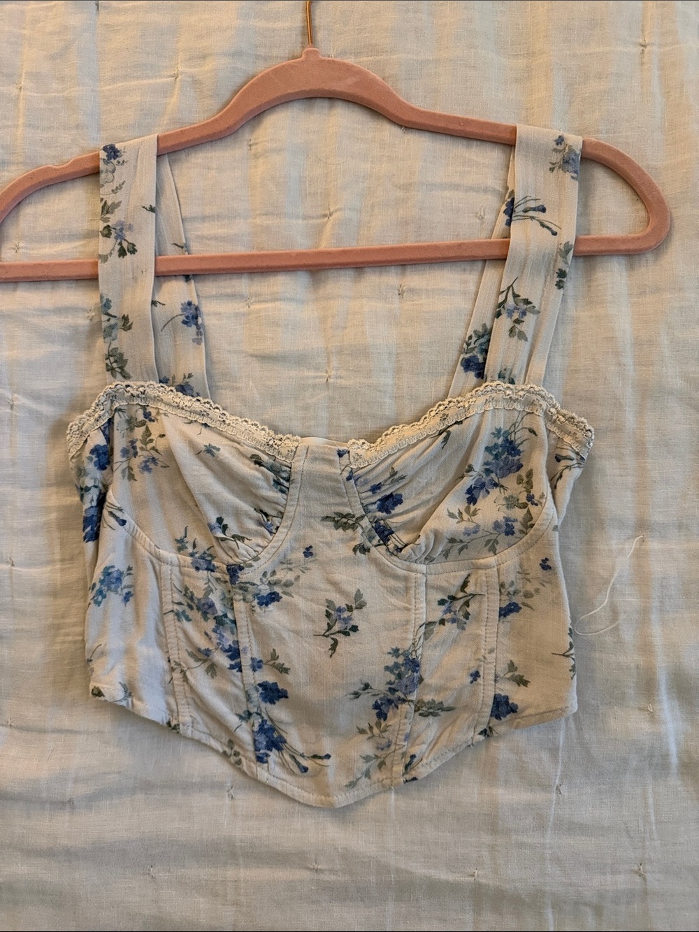 Altar'd State Light Blue Floral Lace-Trim Bustier Crop Top